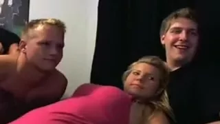 blonde girlfriend  takes on three guys