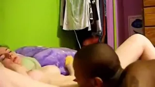 white gal blows a large dark rod and is being licked