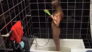 Slender and hawt brunette hair is in baths tub