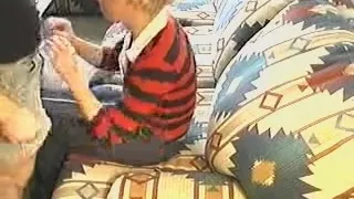 Naughty yellow shaggy mommy nailed on the ottoman