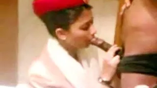 Dick sucking stewardess eats cum
