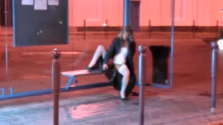 Wild blonde fucks a dildo in public