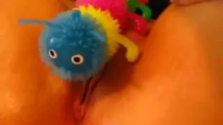 Pussy toying with a caterpillar