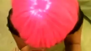 Pink wig wearing girl acquires a sperm flow