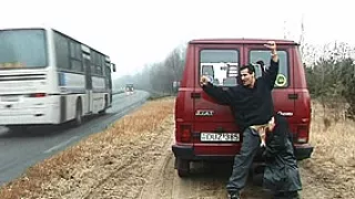 Whore sucks rod on the road