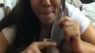 Lovely Taiwanese beauty sucks and plays with darksome 10-Pounder