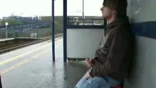 Hunk masturbating in bus station