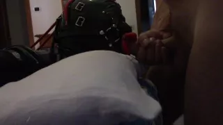 Very close view of Laura, throated by a big cock with a lip open mouth gag, lot of drooling