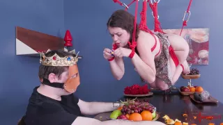 Rope tied slut gagging on dick