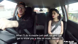 Petite british driving student rides instructor