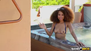 Adorable babe with curly hair is sucking cock and getting her well deserved cumshot in the end