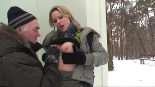 Blonde babe likes to have fun out in the snow, as well as to get fucked hard
