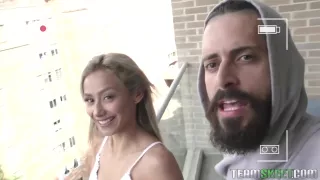 Ravishing blonde, Veronica Leal is wearing white stockings and high heels while sucking a hard dick