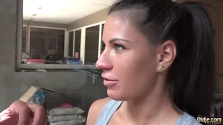 Horny, old man got a deep blowjob from a hot, teen brunette and then fucked her hard