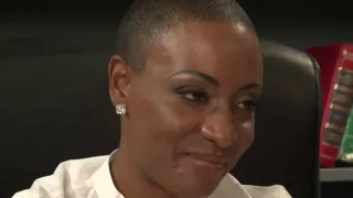 Busty black babe with bald head likes the way her white employee is fucking her brains out