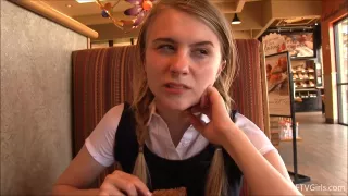 Charming girl, Sharlotte is sitting on the floor and rubbing her pink pussy, like crazy