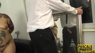 Mouth fucked chubby tattooed submissive