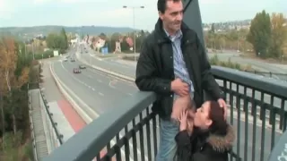 Sexy redhead chick sucks cock on the road