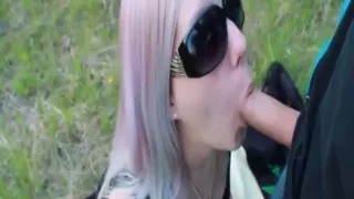 Hot blonde gets a facial cumshot outside by the rad