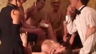 Sexy babe in vintage dress cleans cock off