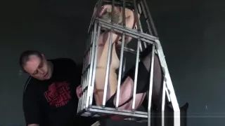 Caged blonde teen submissive Little Miss Chaos whipped