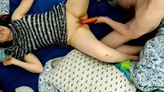 Teen enjoys warming her daddy with her carrot until he fucks her hard