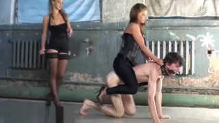 Two cruel mistress hard dominate slave.