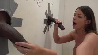 Busty babe tugs black rod