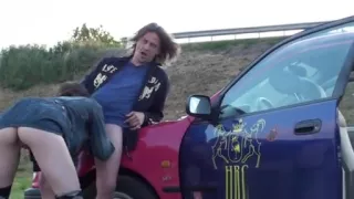 Brunette gives away her pussy to two guys for ride to home