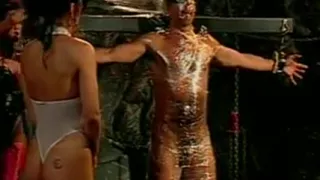 2 hot chicks playing with their slave dude