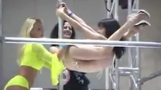 Big breasted women in bikinis and leather pole dancing
