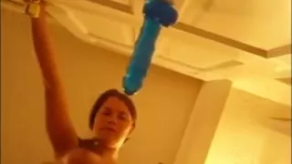 Soaking wet pussy leaks on wall mounted dildo. Amateur orgasm