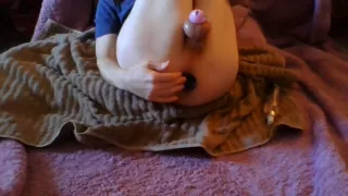 Shy crossdresser shows off and plays with her plug