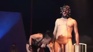 tattoed babe in a public bdasm sex show