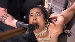 Ebony tied bdsm sub fingered and whipped
