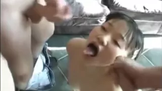 Chinese Girl happy with four white dicks