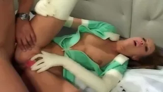 Nurse fucking in latex gloves and stockings