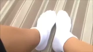Hot brunette wearing and playing in sexy white cuff socks pov