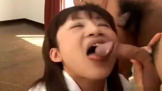 Horny Japanese teen in kimono sucking cocks