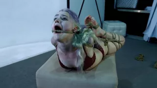 Cute girl in tight bondage crying for mercy