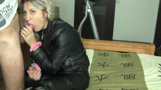 blowjob in leather pants and black leather coat