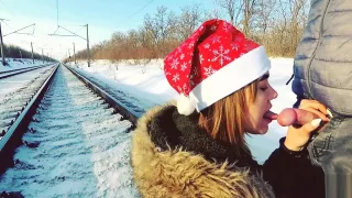 Winter outdoor amateur blowjob on the railway