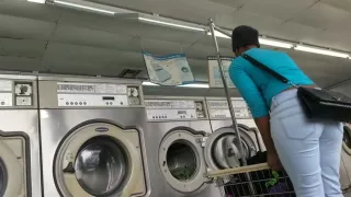 Laundromat Creep Shots 2 sluts with round asses and no bra