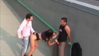 Public threesome with nice tits