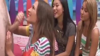 Three Clothed Females Blow Naked Male