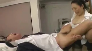 Office boss pegging her employee