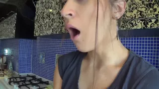 Pretty Russian woman cupping her cleft tongue while yawning pt.2