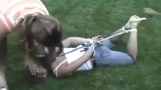 Garden girl hogtied, gagged and tickled