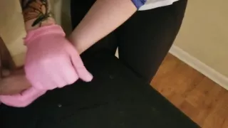 Femdom Handjob Milking with Pink Latex Gloves