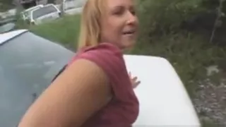 Pretty Blonde On Her Knees Giving Blowjob Outdoors In Public